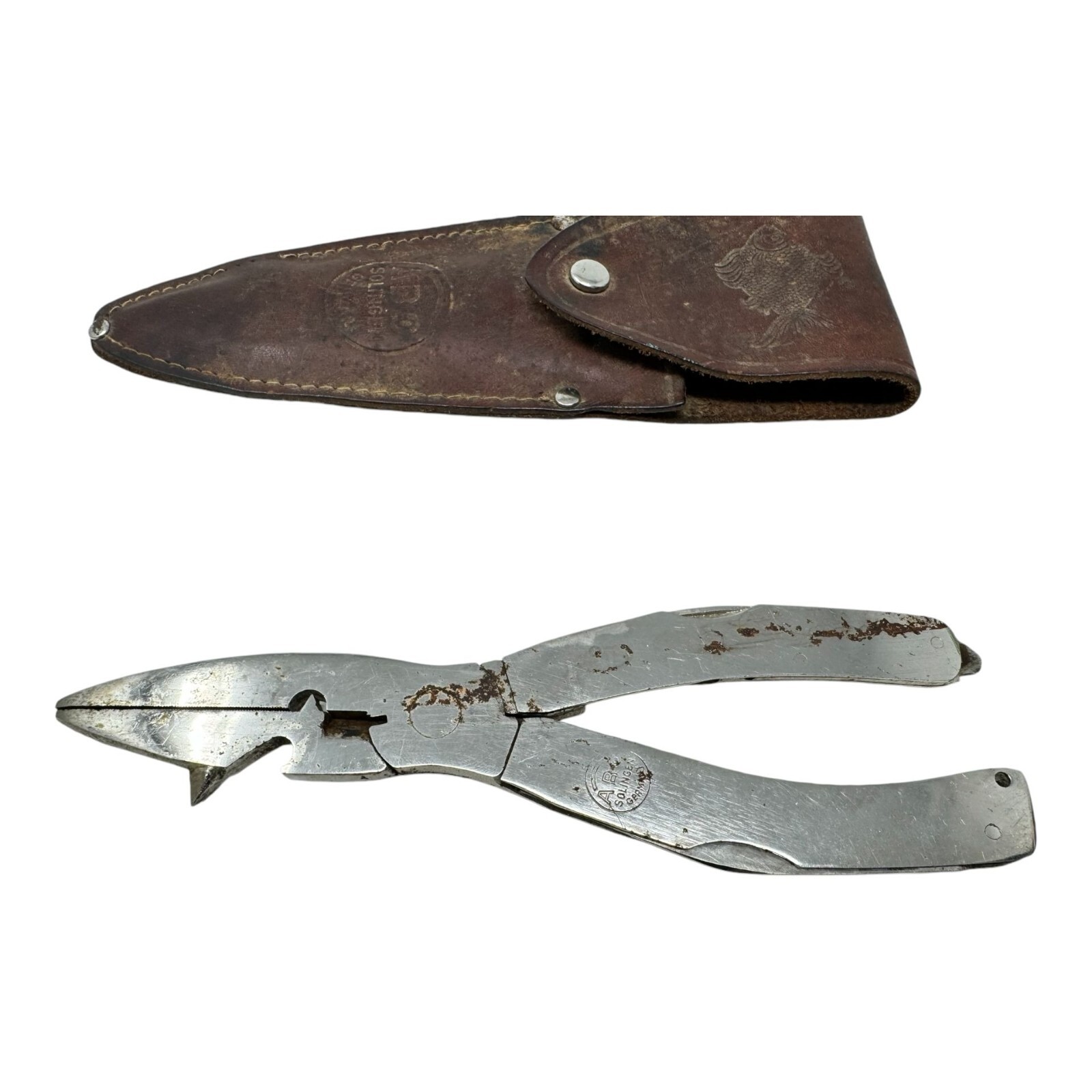 Vintage Solingen Stainless FISHERMANS FRIEND Multi-Tool With Leather Sheath