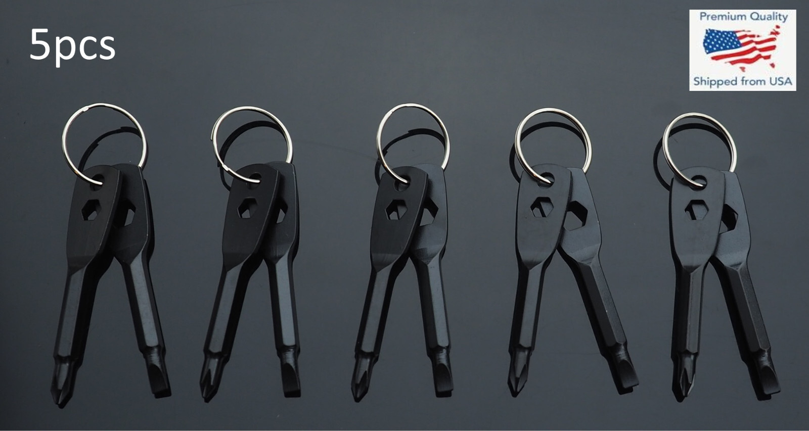 5pcs – Screwdriver Keychain Set EDC Pocket Tool Hex Nut Wrench Key Ring – Black