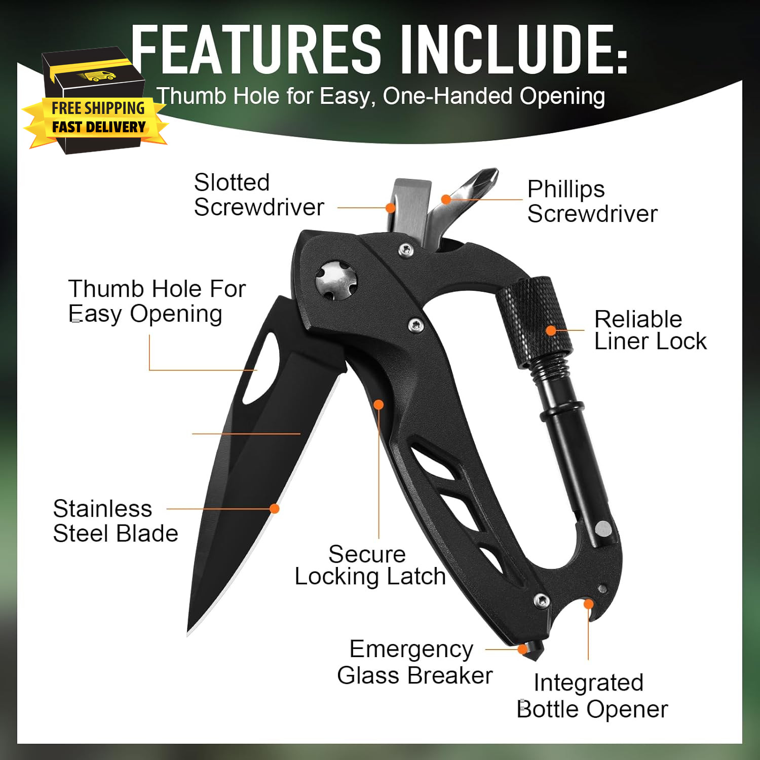 Multitool Carabiner with Pocket Knife, Birthday Gifts for Men Him Boyfriend, EDC