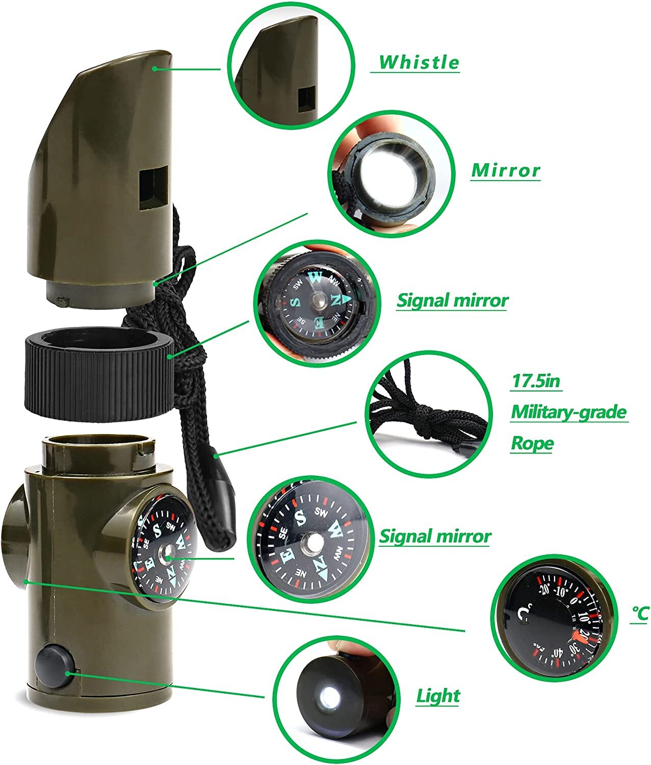 ALBATROSS 7in1 Multi-tool Survival Whistle LED Light Compass Thermometer Mirror