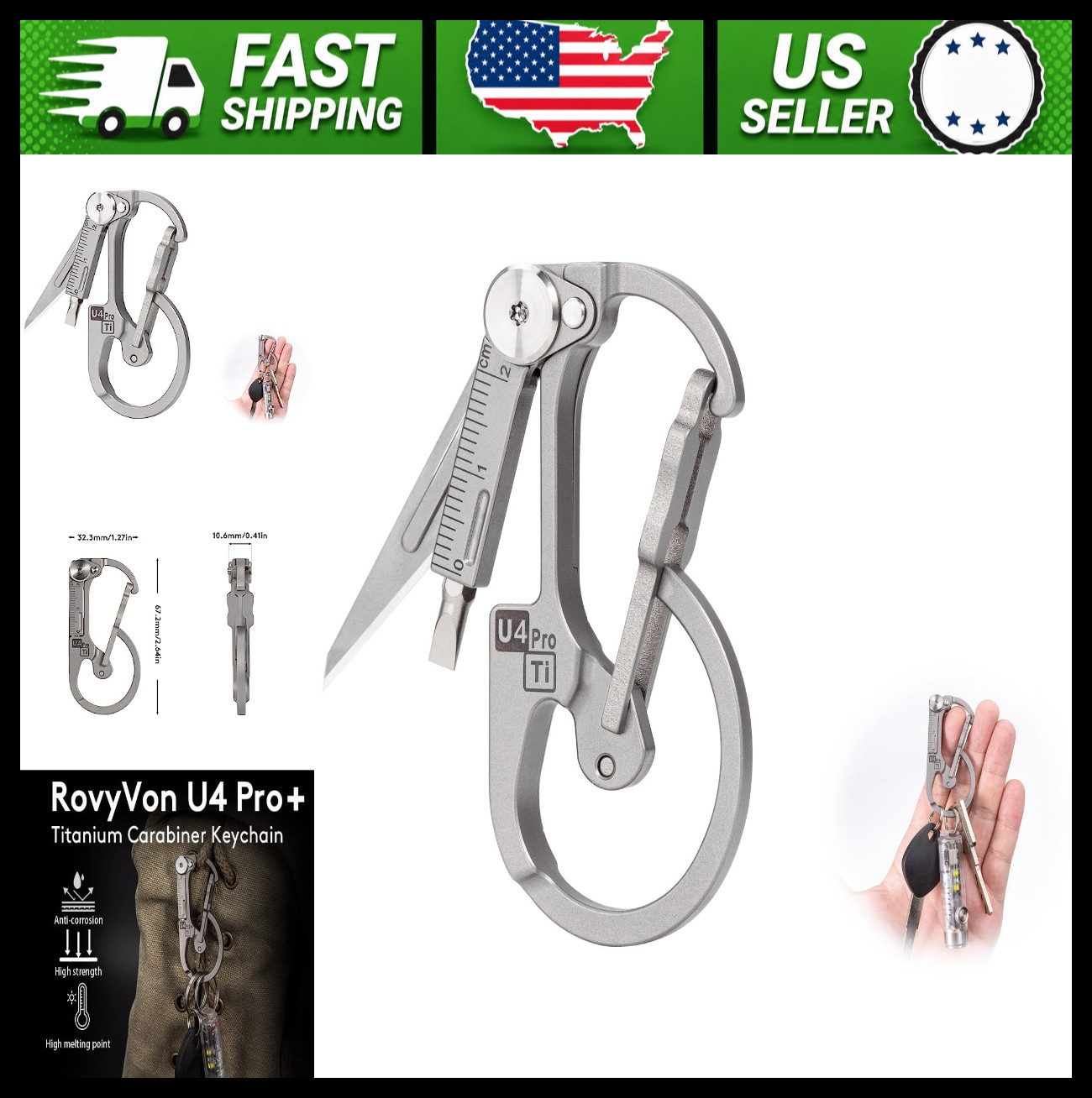 RovyVon Titanium Carabiner Keychain Multitool with Folding Knife Screwdriver