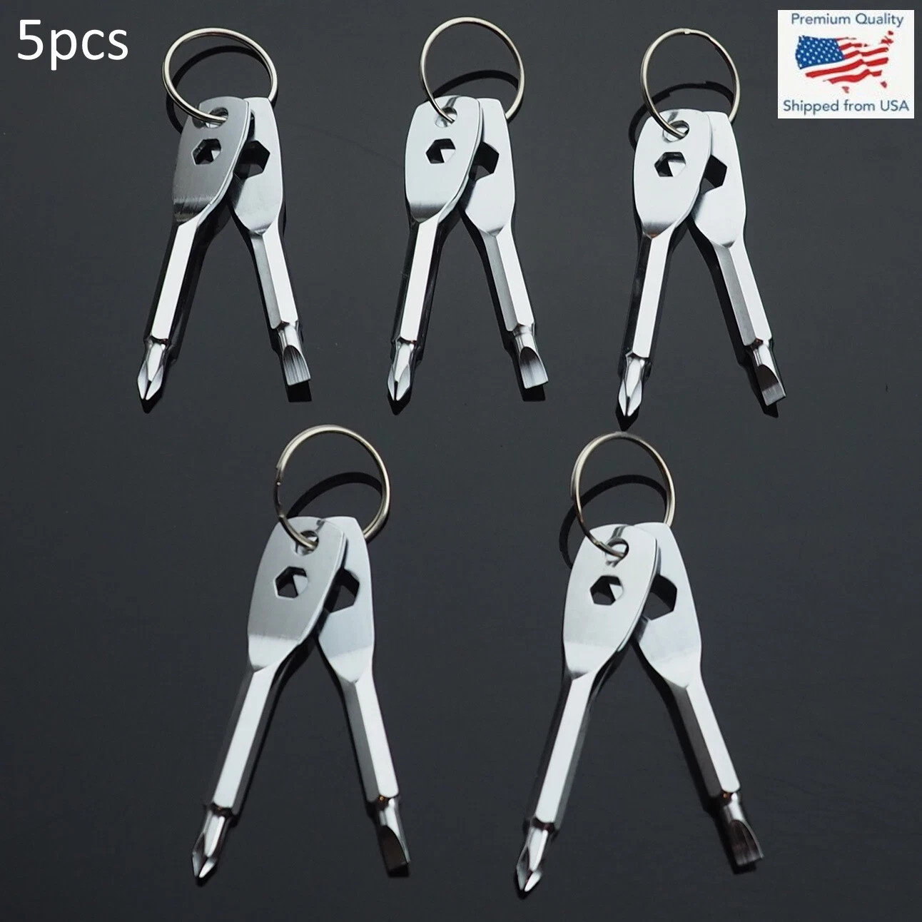 5pcs – Screwdriver Keychain Set EDC Pocket Tool Hex Nut Wrench Key Ring – Silver