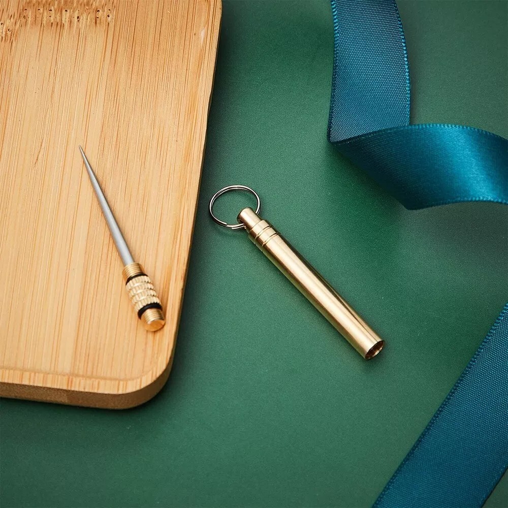 5PC Portable Titanium Pocket Toothpick Keychain Brass Holder Camping Travel Gold