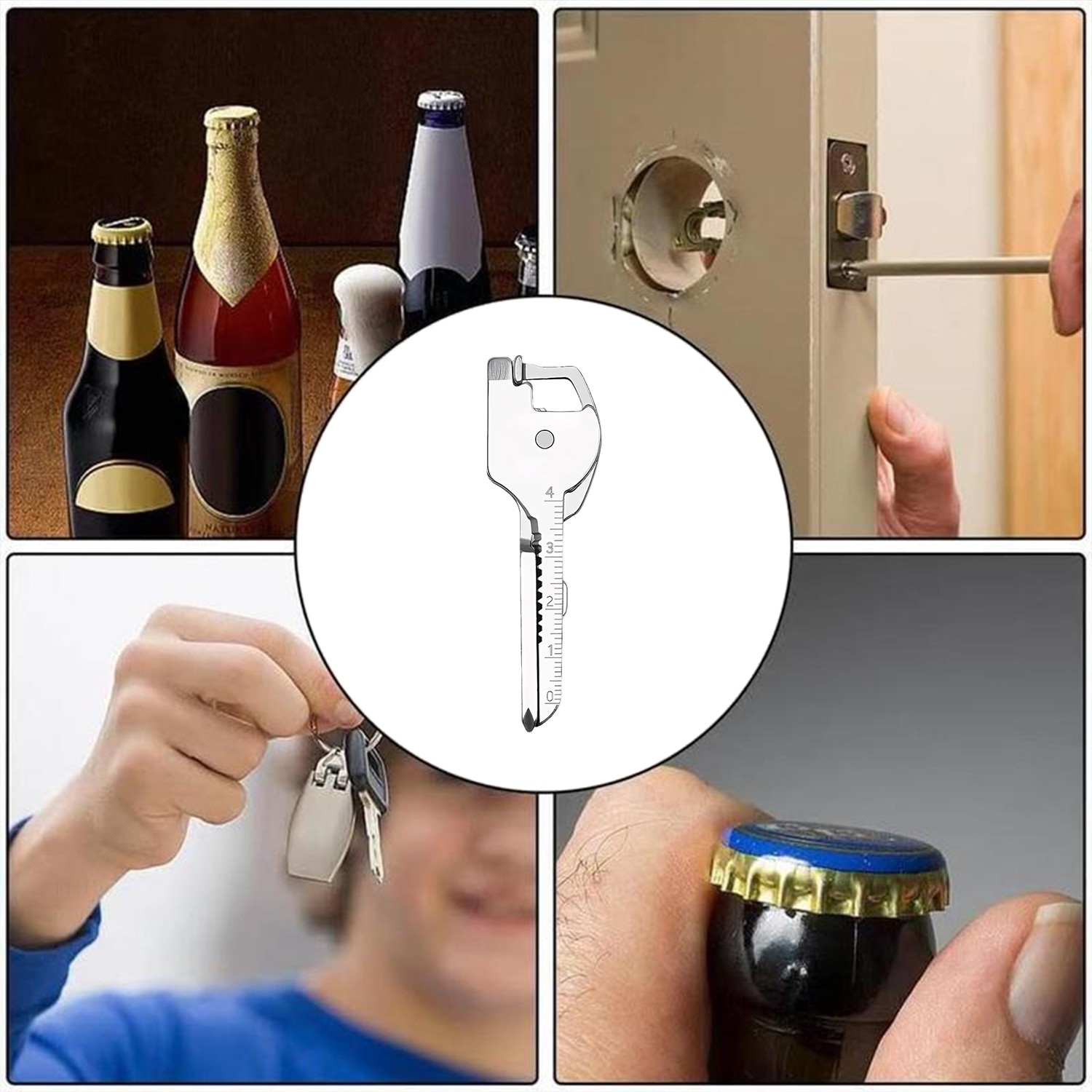 Portable 6 In 1 Multi-Functional Stainless Utili-Key Opener Keychain Ruler Tool