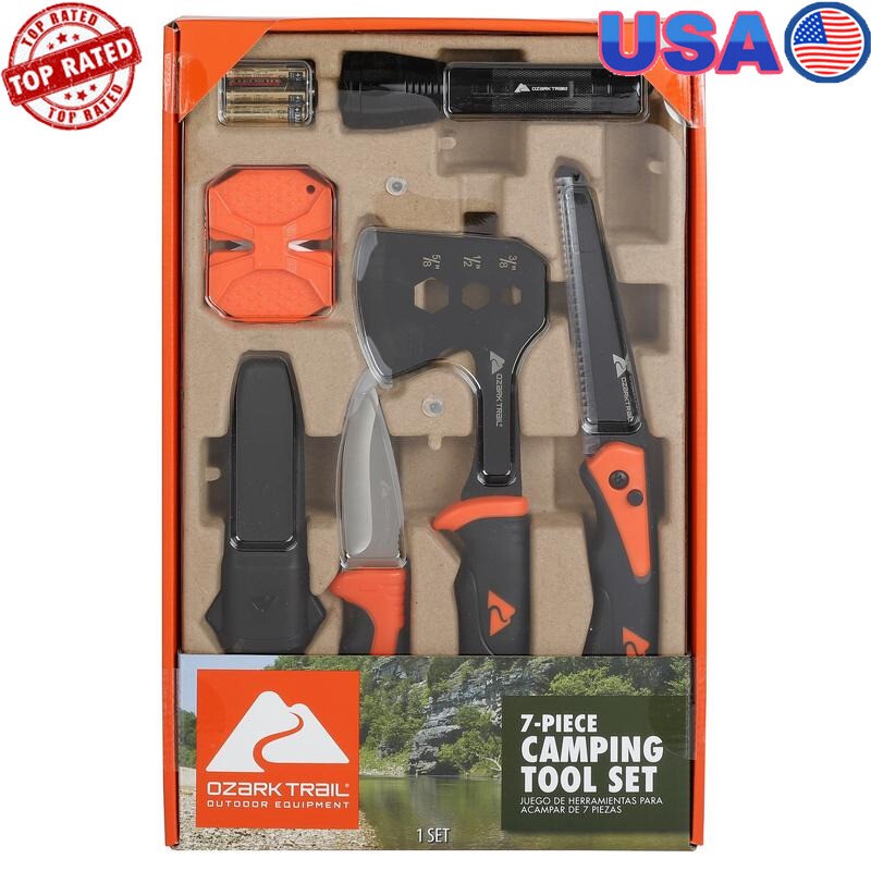 7-Piece Camping Tool Set Hammer Axe Flashlight Knives Battery Included New