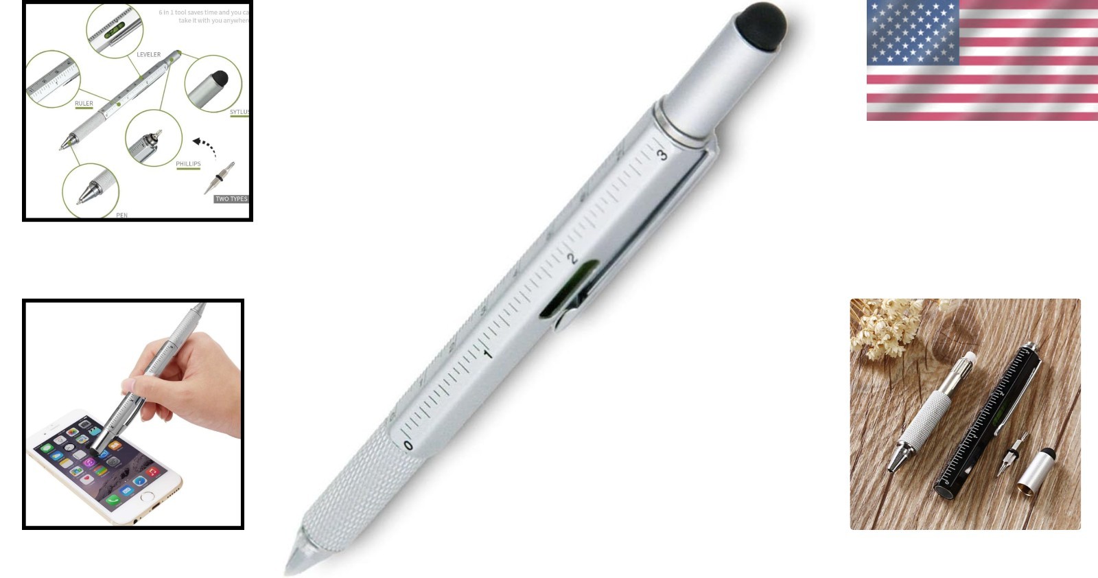 6-in-1 Metal Tech Tool Pen Multi-Function Ruler Level Screwdriver Gift for Men