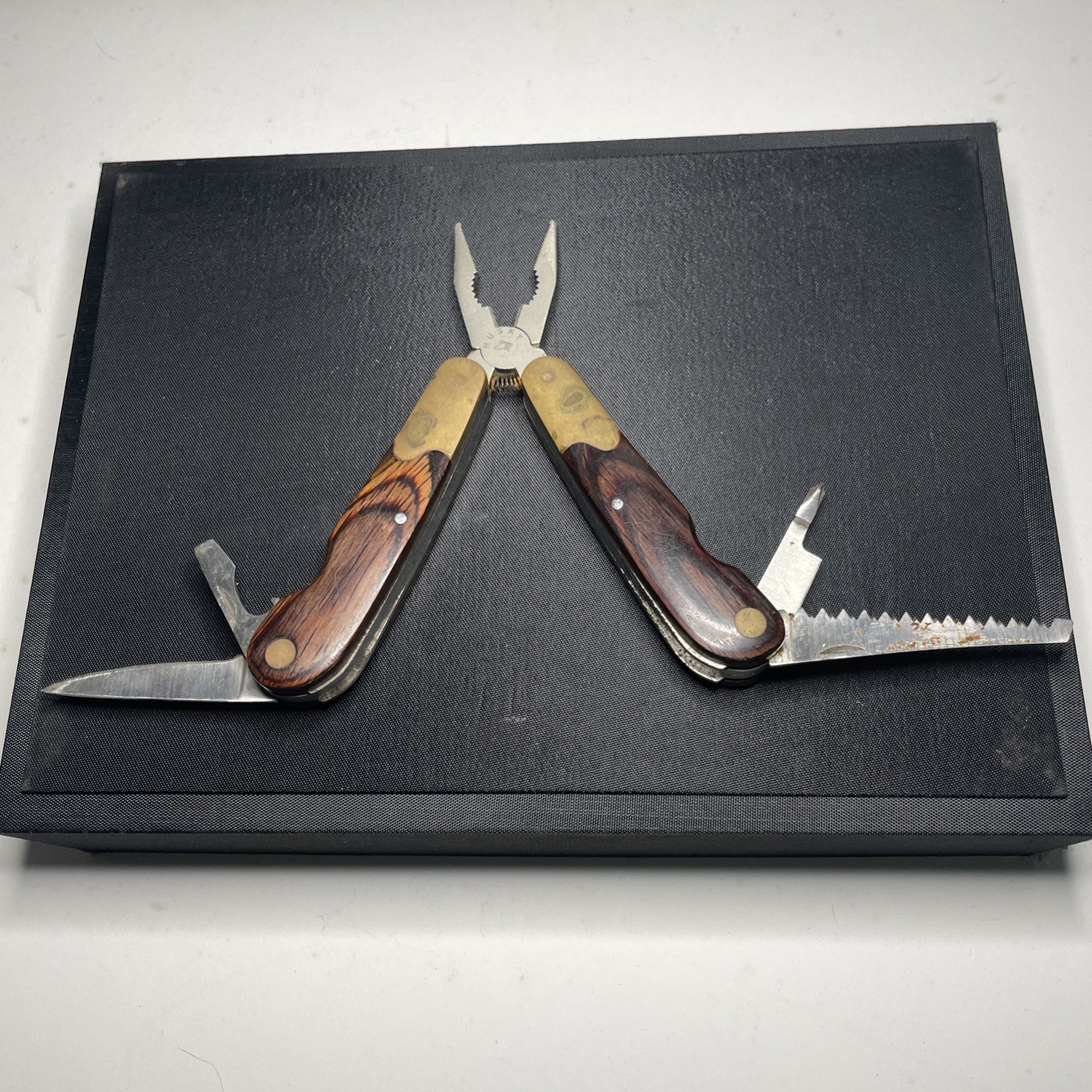 Husky Wood Brass Multi-Tool Folding Pliers Knife Saw Rare Vtg