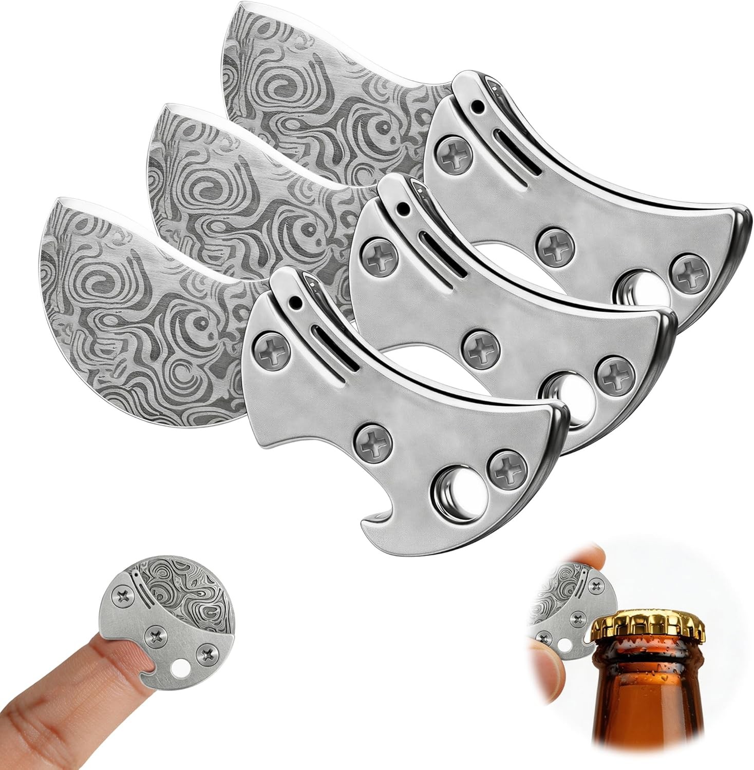 Mini Coin Keychain Tool Titanium Compact Bottle Opener & EDC Cutter Damascus