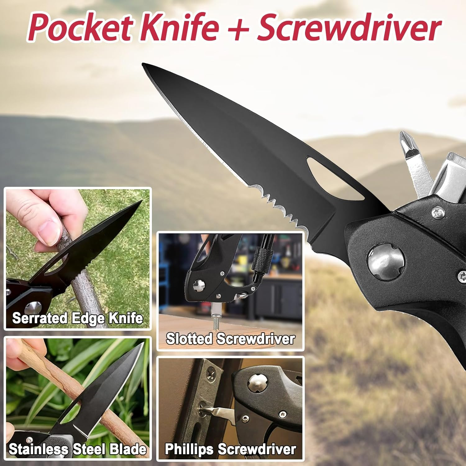 Carabiner Multitool, Carabiner with Pocket Knife, Serrated Folding Knife, Rope C