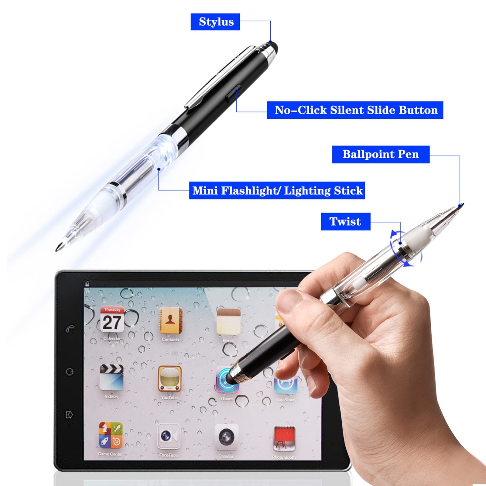 Pen with Light and Stylus Tip (2 Cts), 3 in 1 Light up Pens with Rubber Tip Styl