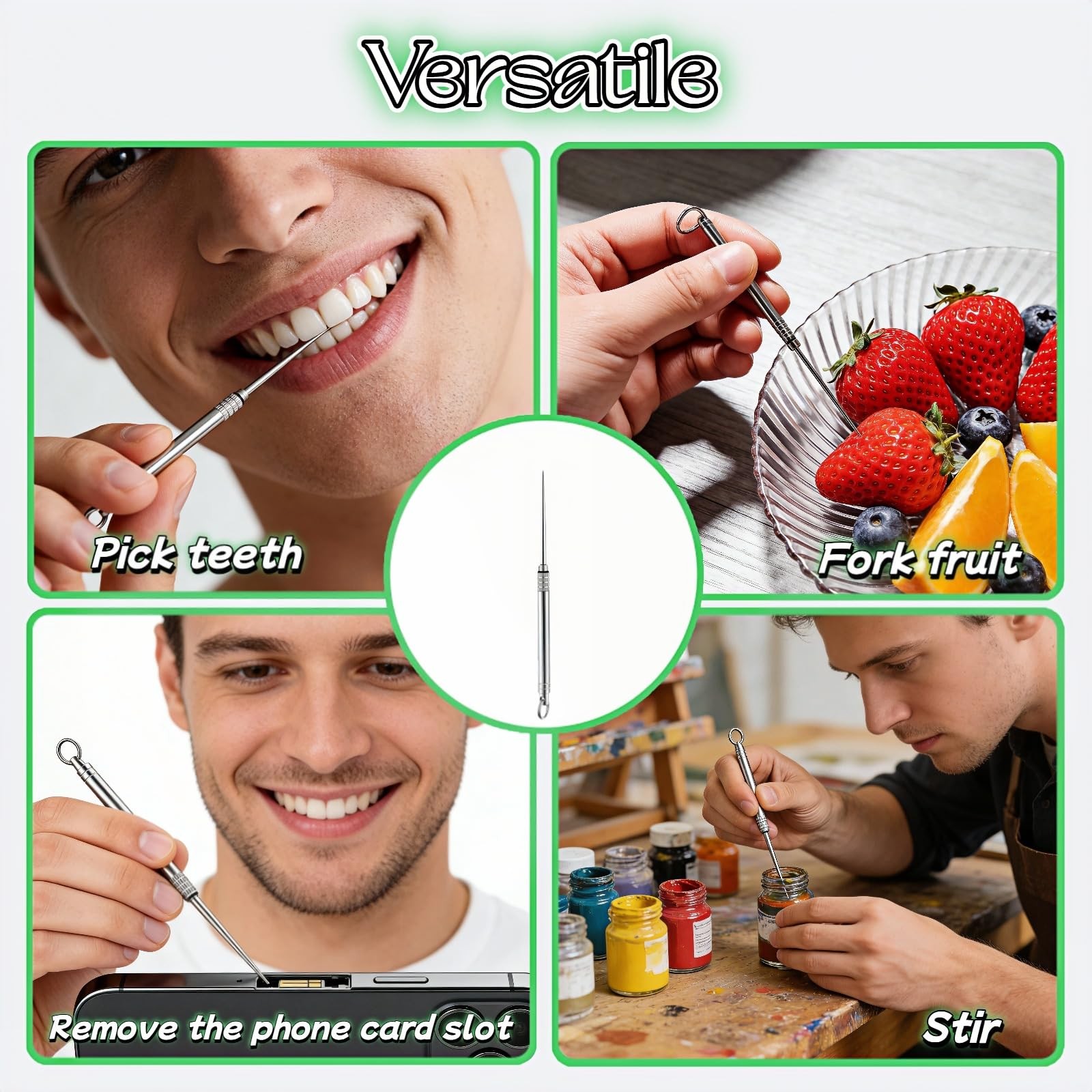 Portable Titanium Toothpick, Multi-Functional Reusable Stainless Steel Silver