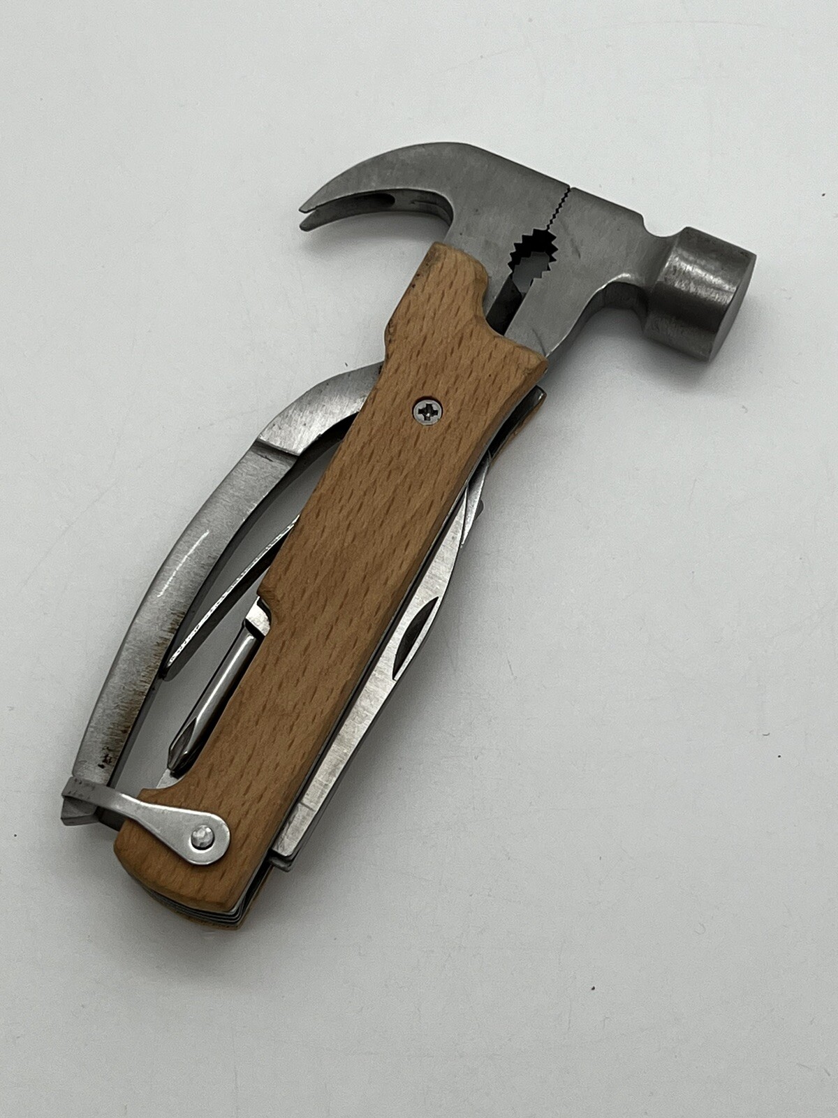Kikkerland Hammer Multi Tool – Wooden Grips – knives, pliers, screwdriver, saw +