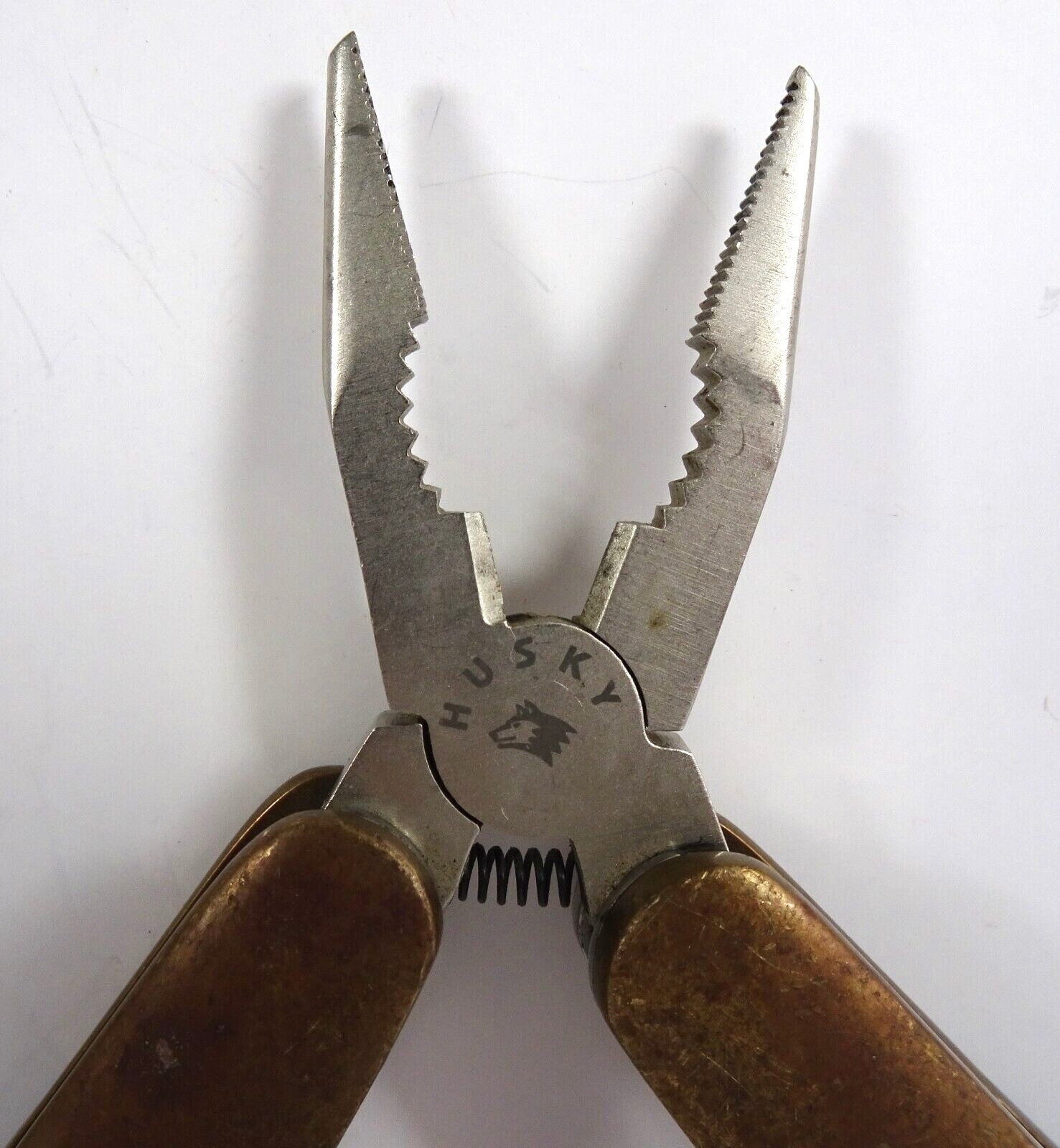 Husky Multi-Tool Knife Pliers Screw Drivers Ruler Saw Wood and Brass Handle