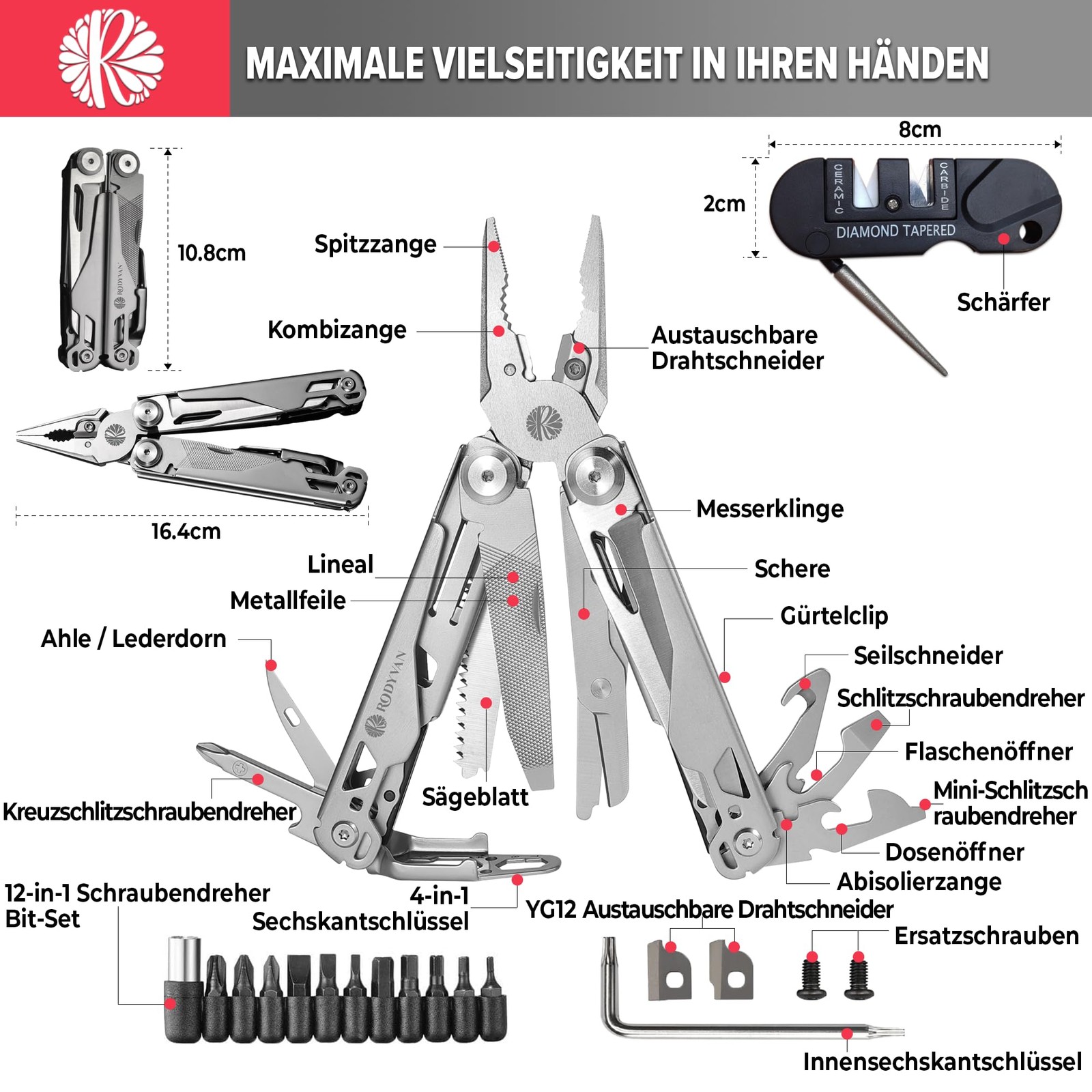 Multitools, 19in1 Stainless Steel Multi-Function Pliers with Sharpener, Screwdriver…