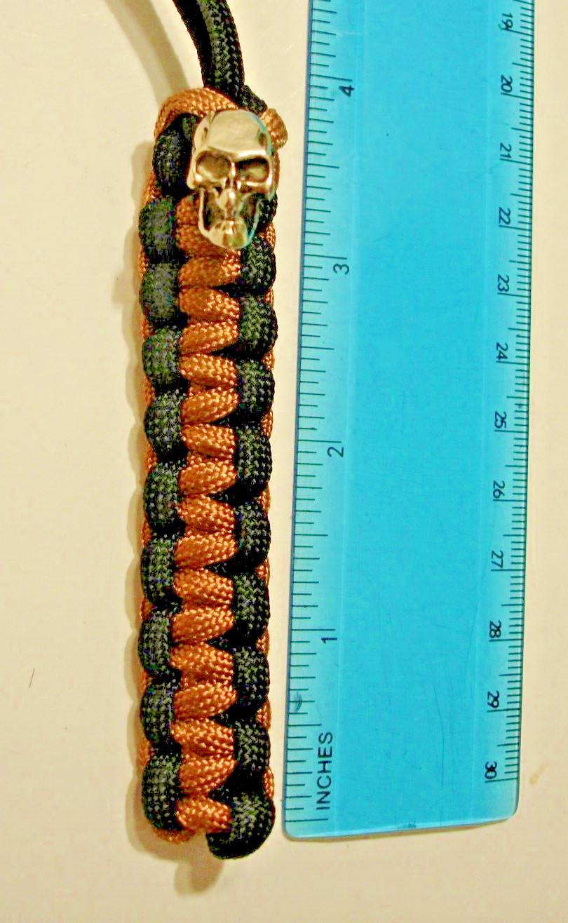 BLACK & GOLD 550 PARACORD HANDMADE KNIFE LANYARD + METAL SKULL BEAD MADE IN USA
