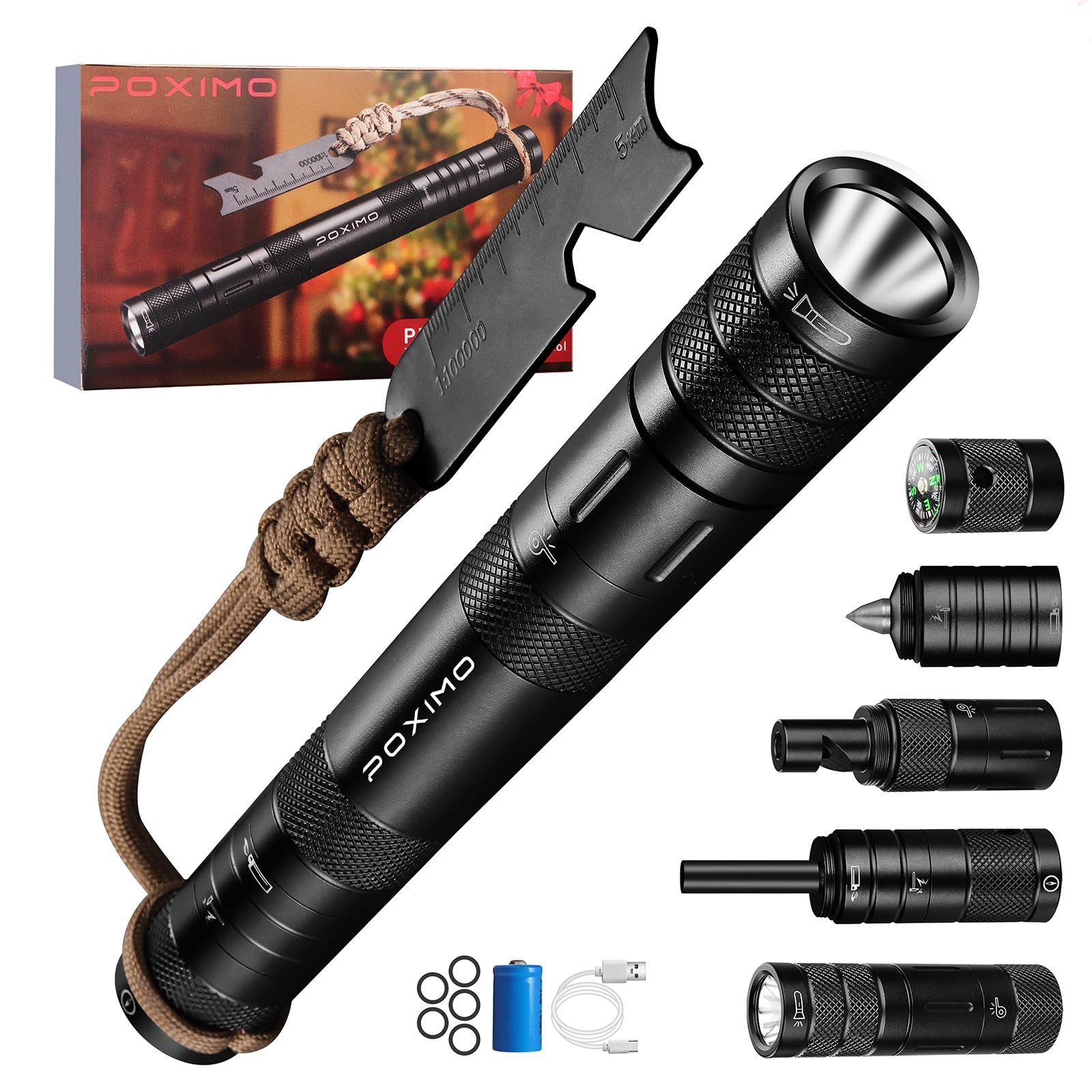 POXIMO 9-in-1 Survival Multitool Flashlight Fire Starter Compass Camping EDC