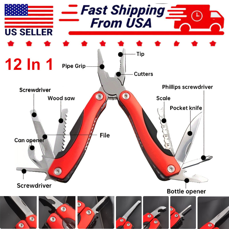 12 in 1 Pocket MultiTool Folding EDC Stainless Steel Kit For Survival Camping