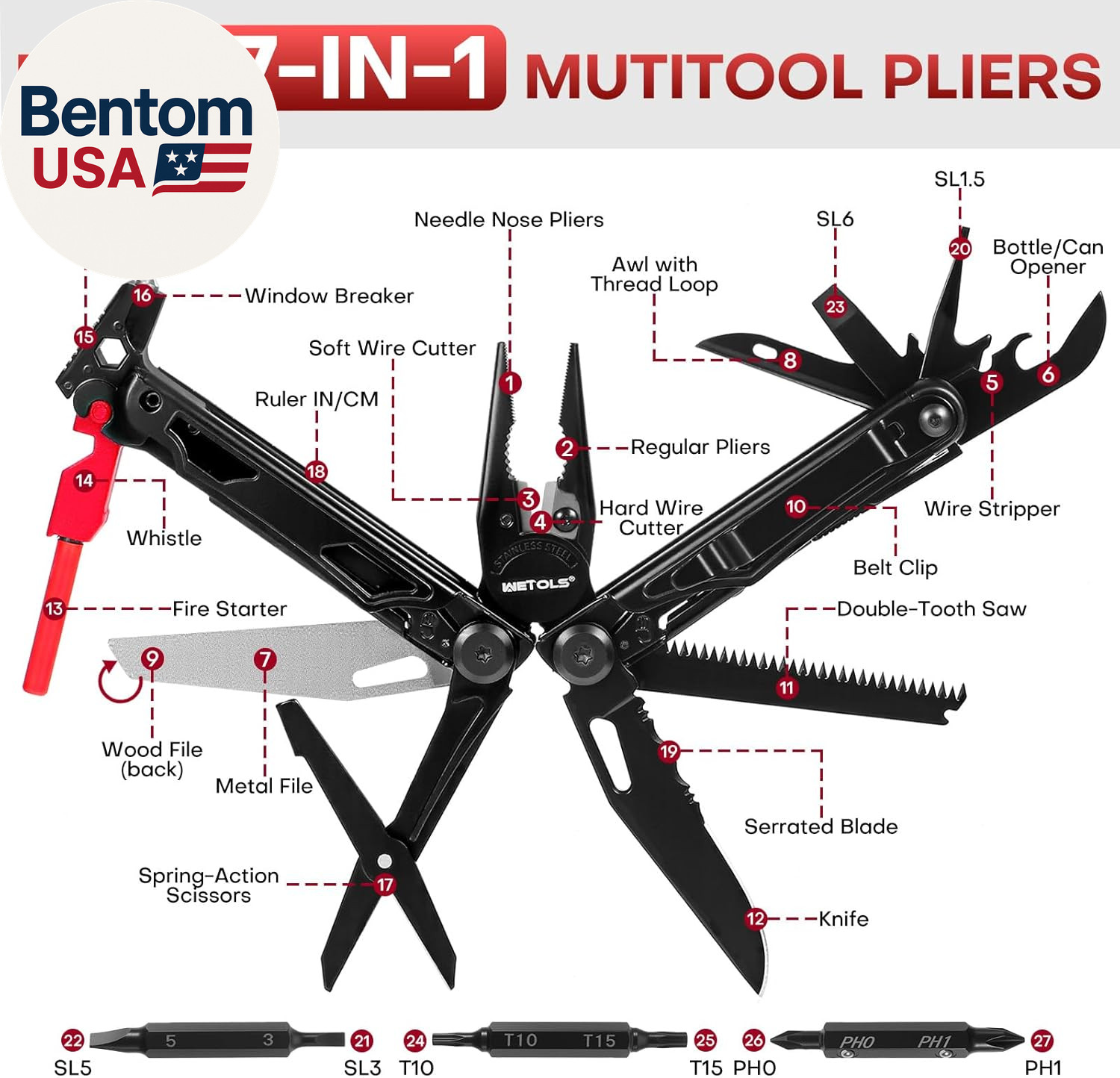 Multitool with Pocket Knife, 27-In-1 Stainless Steel Needle Nose Pliers with Scr