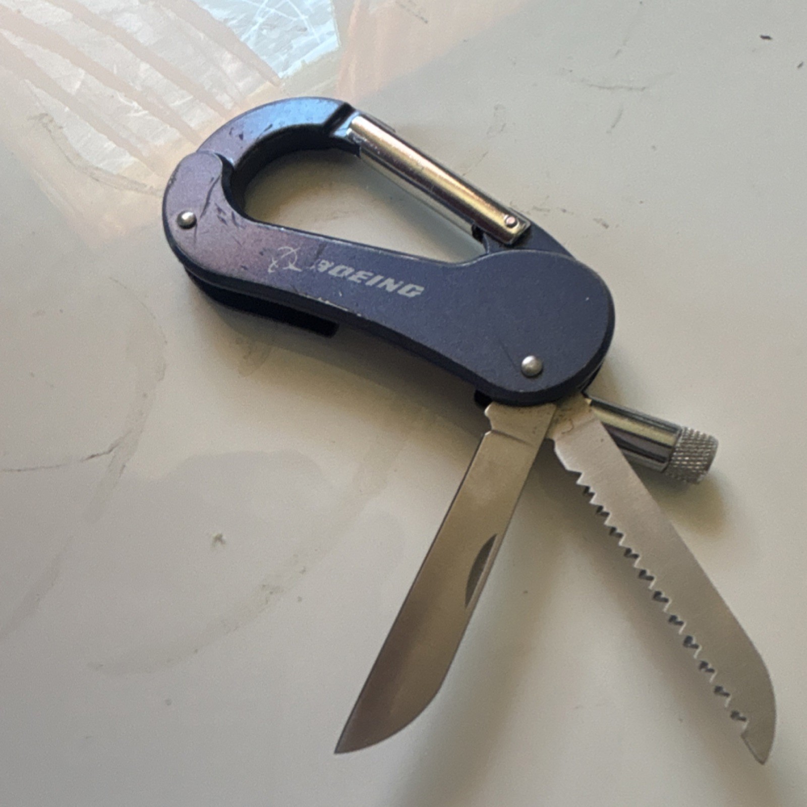 Boeing Carabiner Multi-Tool Knife & Saw, 2in Part Serrated Blue/Silver