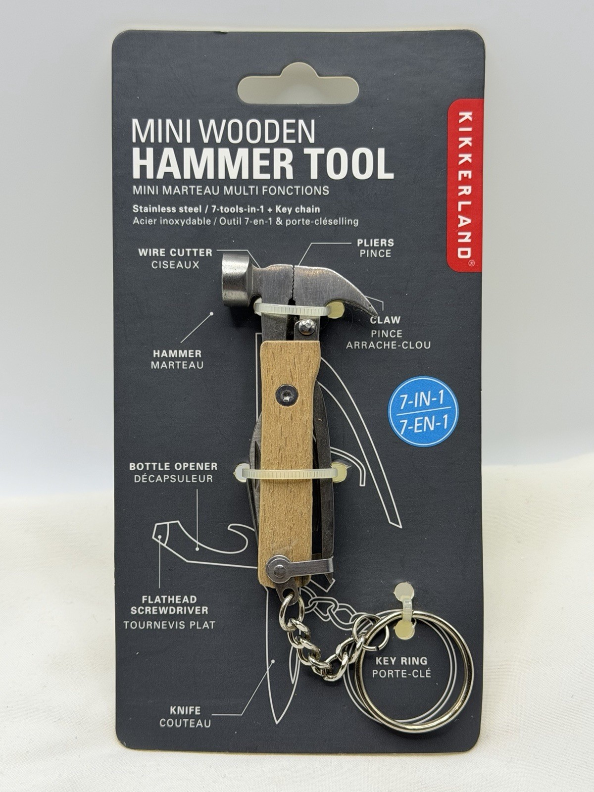 Kikkerland Wood Mini Hammer Tool 7-in-1 Multi Tool Mini Hammer KR13-W Utility