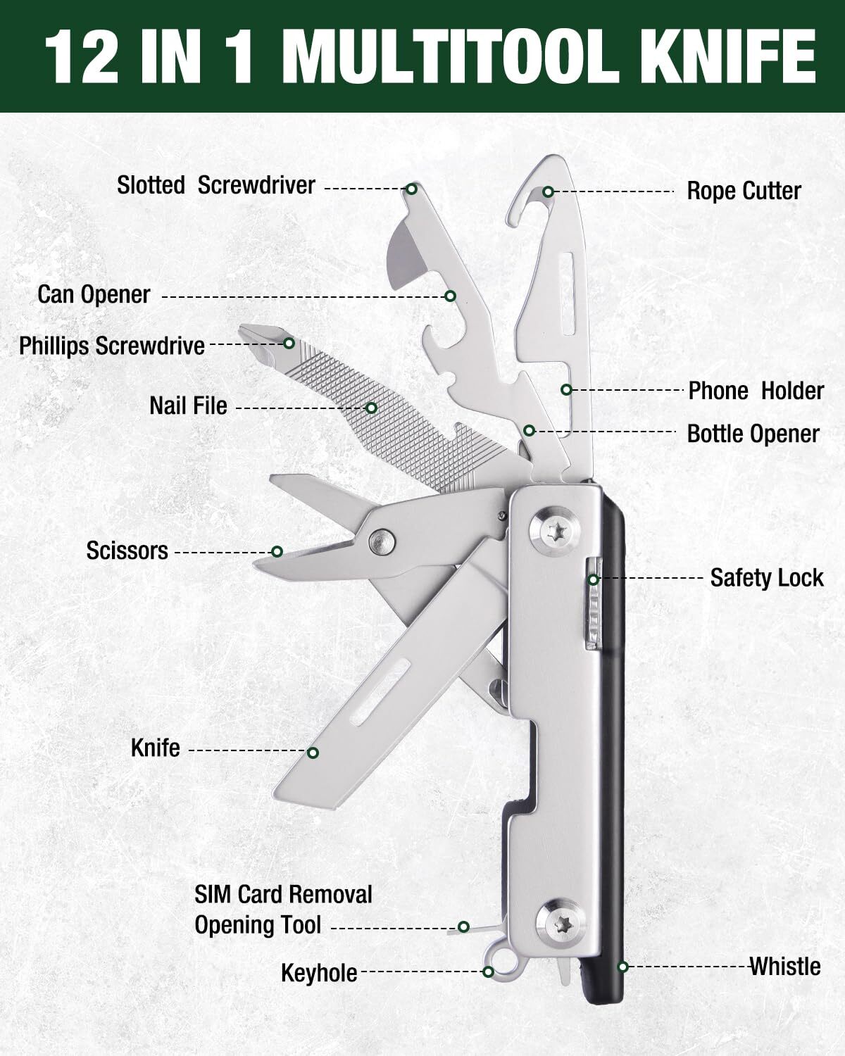 Mossy Oak Multitool 12-in-1 Keychain Multitool Pocket Knife Scissors Screwdriver