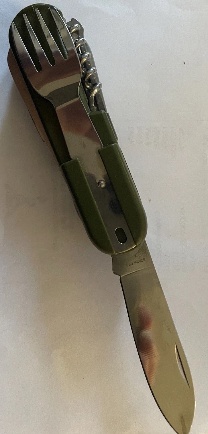Utensil Knife , Multi Tool . Spoon Fork Flashlight Sheath Great For Camping