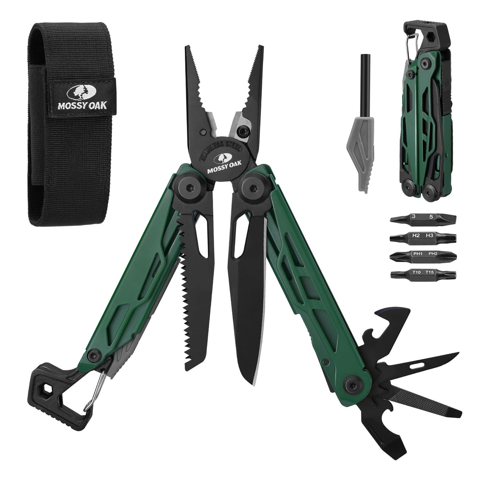 MOSSY OAK CNC-Machined Multitool Pliers, 27-in-1 Multi Tool with Pocket Green