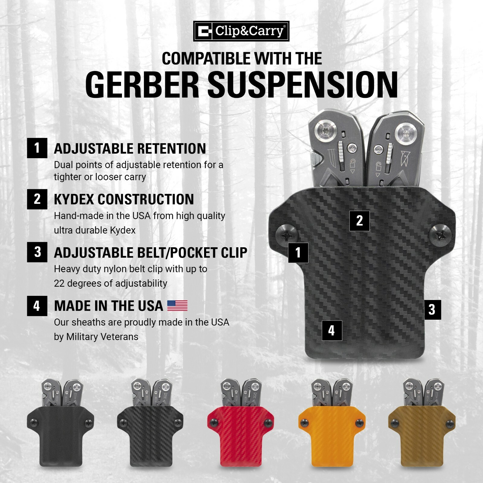 Clip & Carry Kydex Multitool Sheath for GERBER SUSPENSION – Made in USA