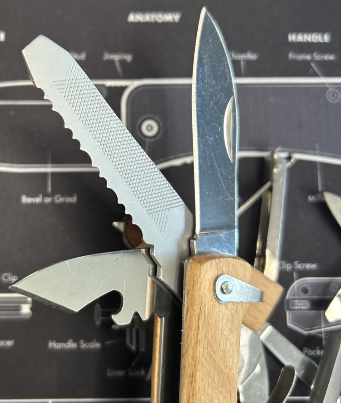 Lot of 3 Wood Handle Hammer Folding Compact Multi Tools Knife Saw & More VGUC