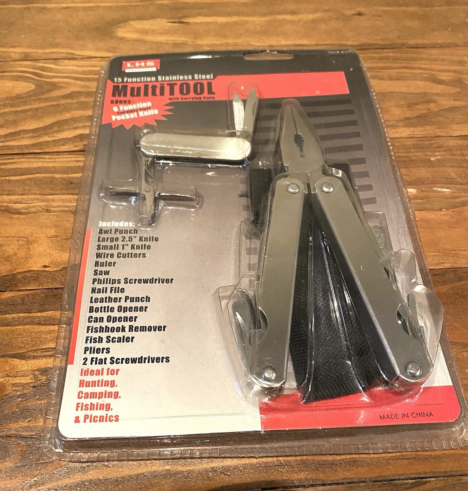 LHS PRODUCTS 15 Function Stainless Steel Multitool With Carrying Case W Knife