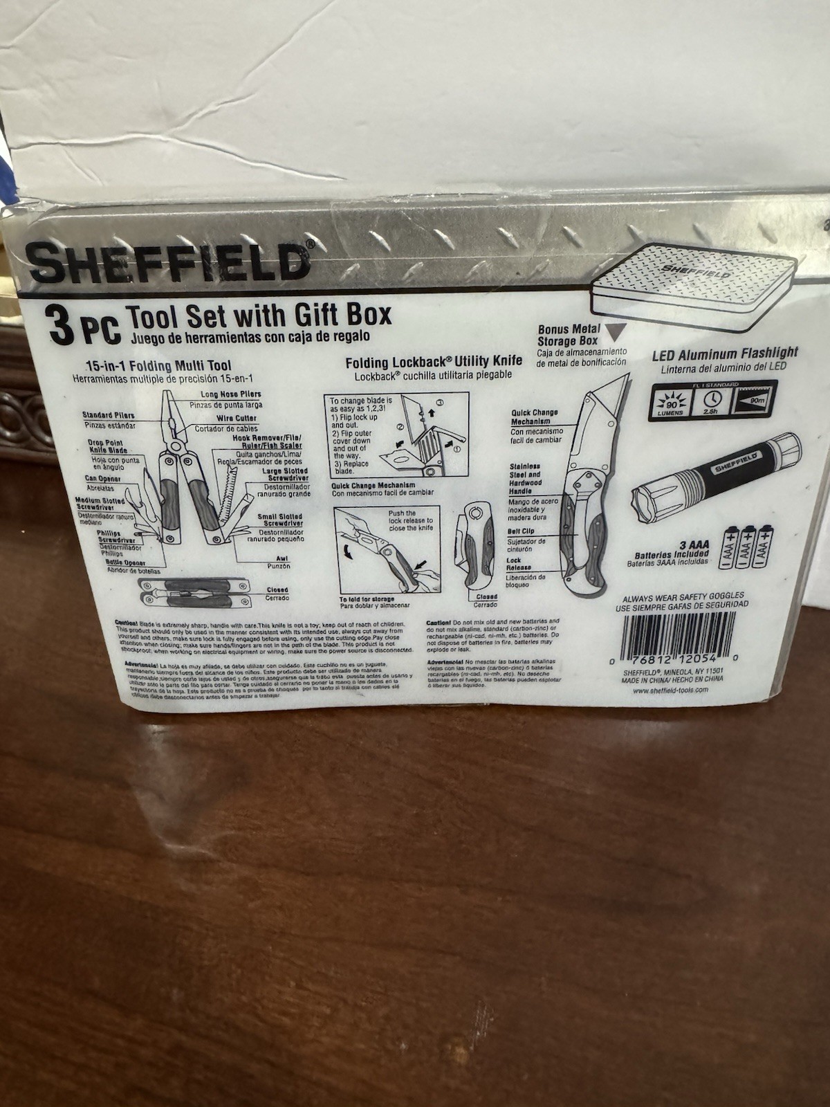 NEW Sheffield 3 Pc Tool Set With Tin Box Multi Tool Utility Knife Flashlight