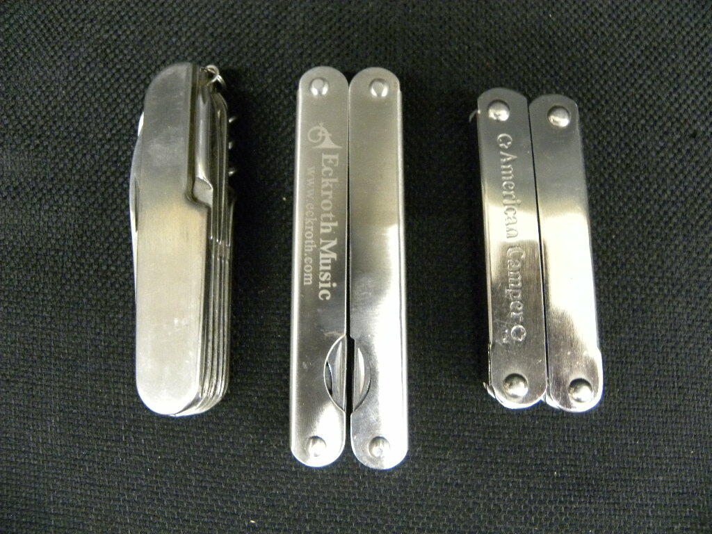 Lot of 9 Small Multi-Purpose Tool, Pliers, Pocket Knife, Openers Pleather Case