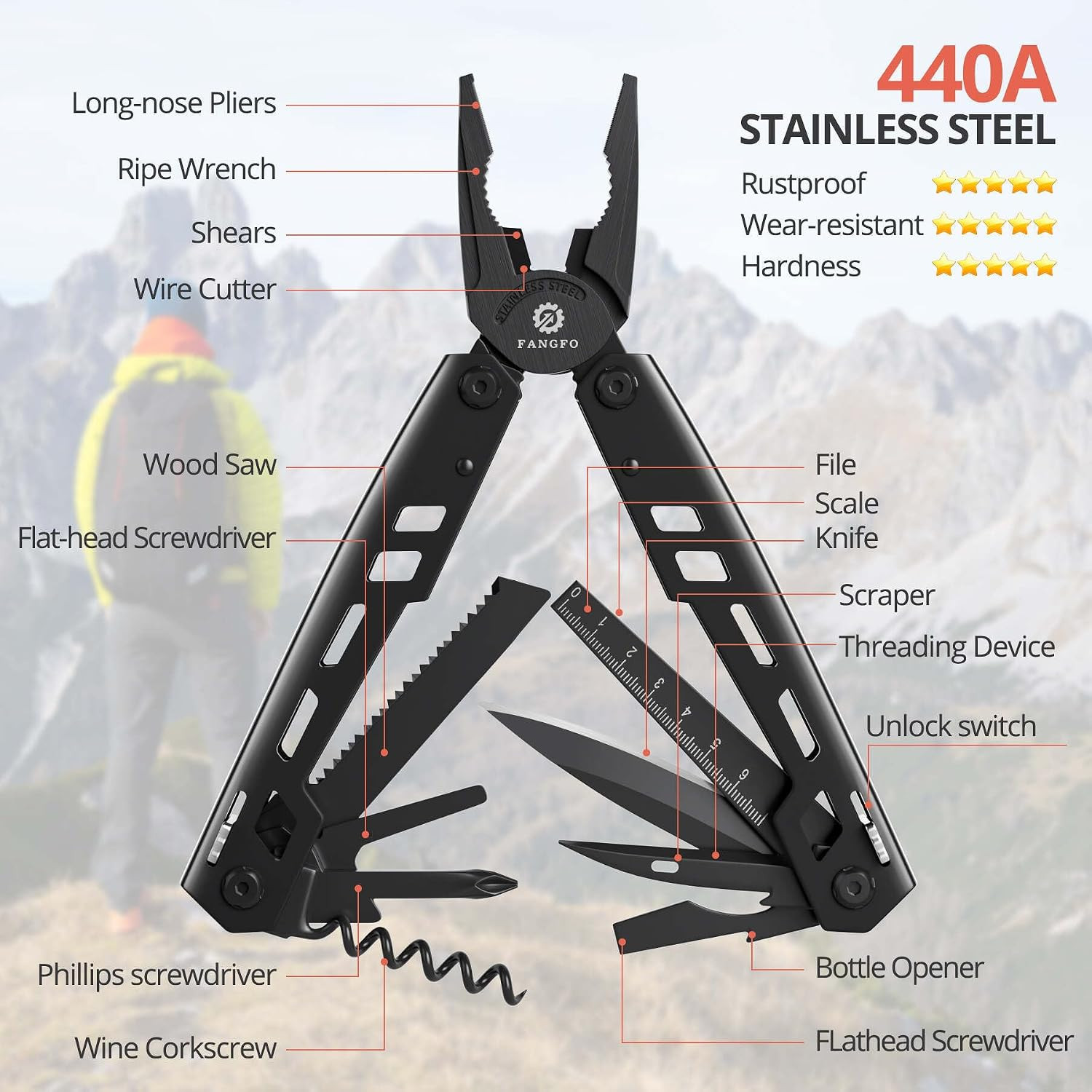 Multitool 17-In-1 Stainless Steel Multi Tool with Pocket Knife Needle Nose Plier