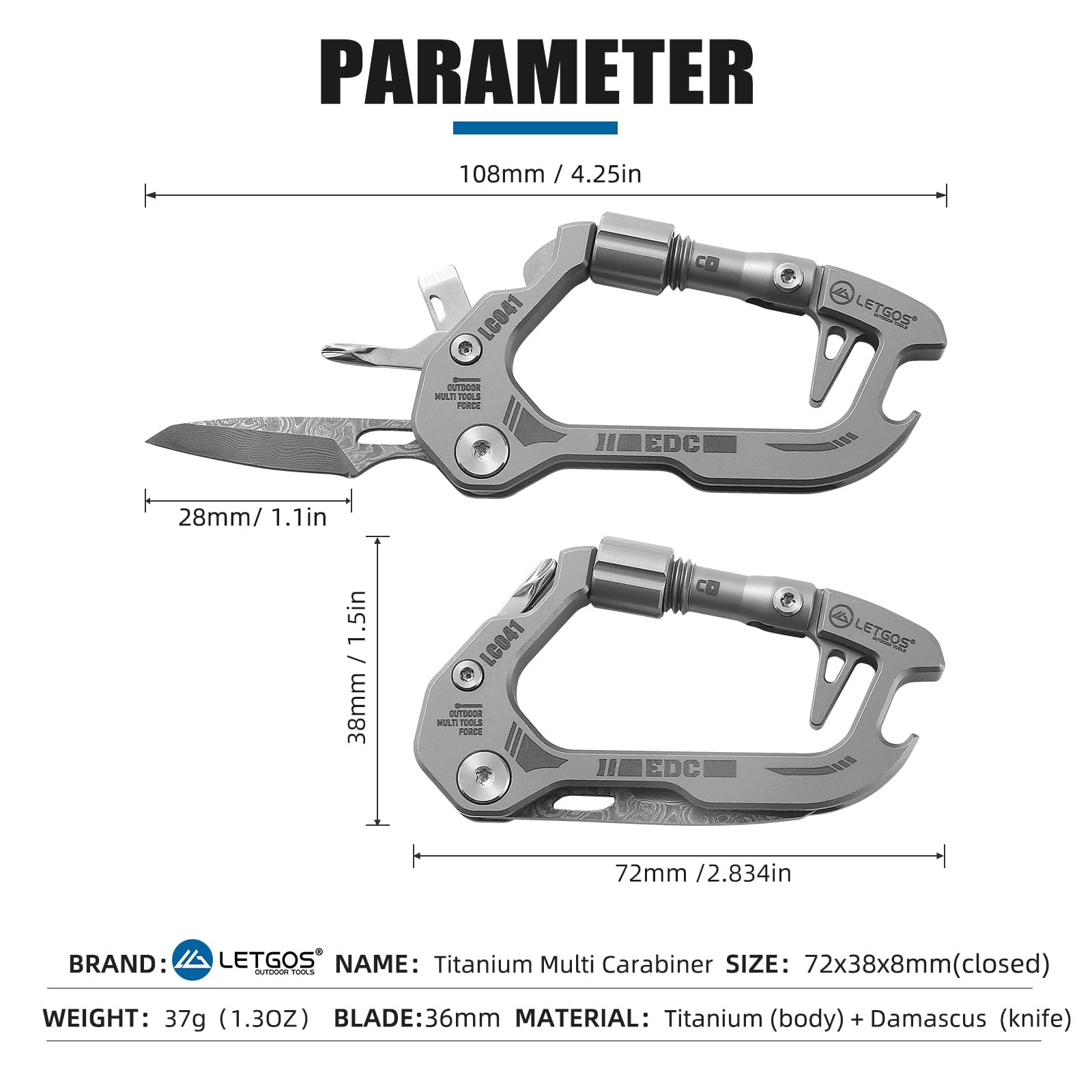 Titanium 6-in-1 Multi-Tool Carabiner–EDC Damascus Steel Knife, Bottle Opener,…