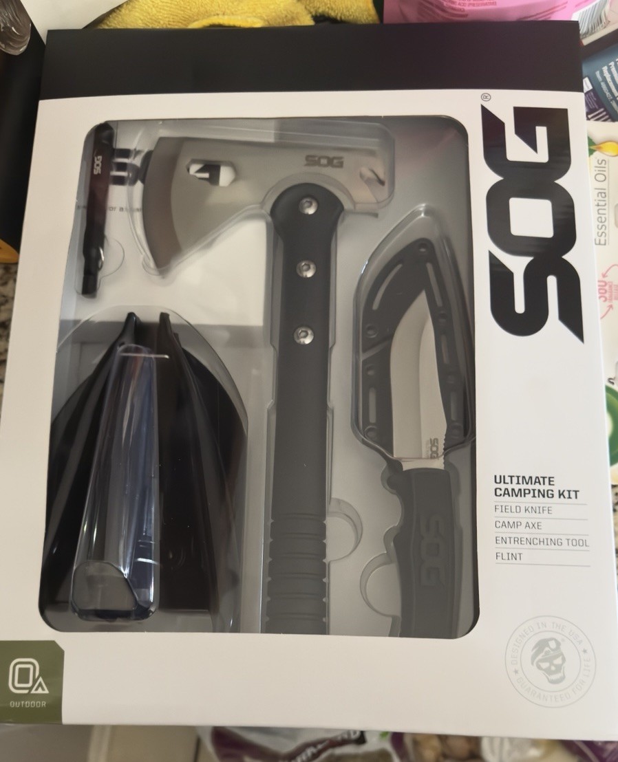 SOG Ultimate Camping Kit, Field Knife, Camp Axe, Entrenching Tool, Flint New