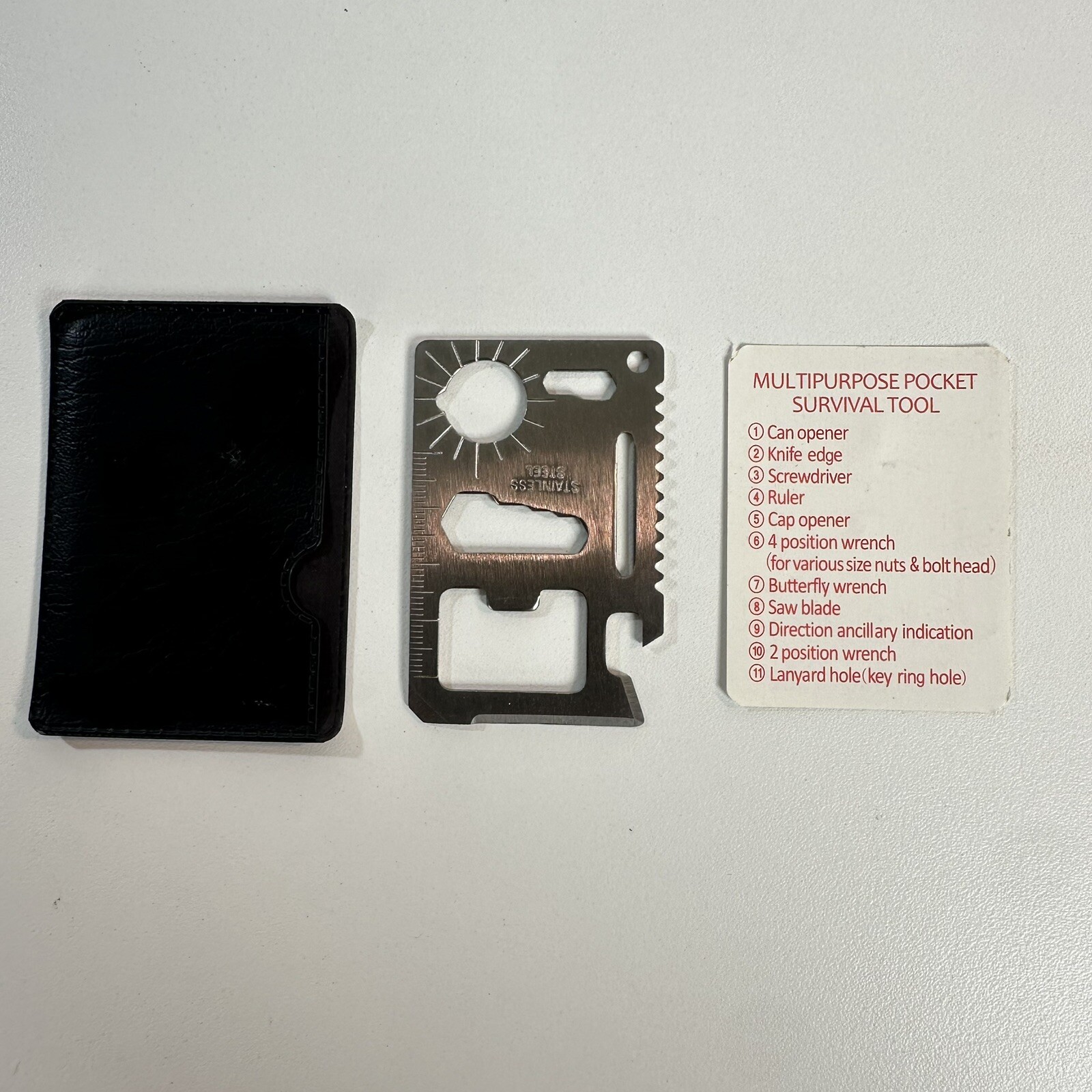QTY 2 11 in 1 Stainless Steel Pocket Card Survival Tool with Leatherette Case