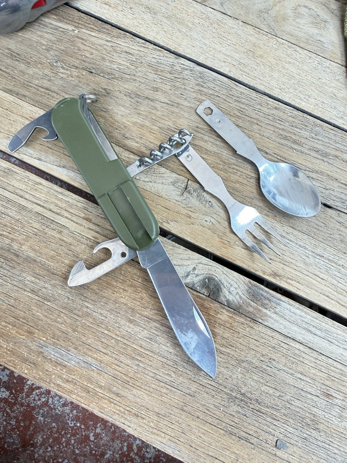 Lot of 2 Camping Utensil Multi-Tools Folding Spoon Fork Knife Corkscrew Hiking