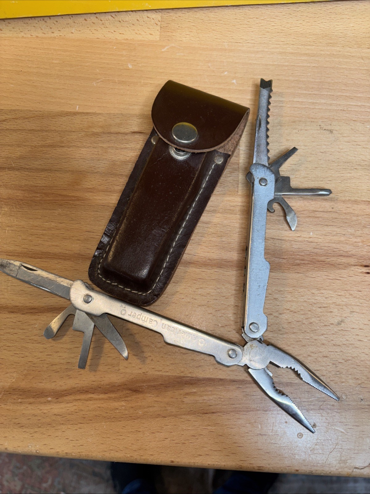 VTG American Camper Stainless Steel Multi Tool Foldable W Brown Belt Case Sheath