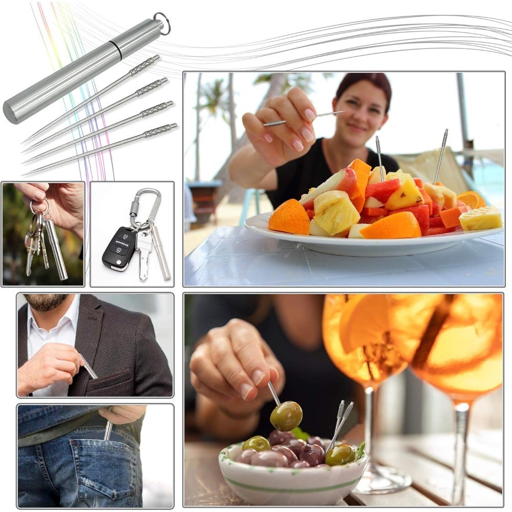 Titanium Toothpick Set with Stainless Steel Keychain Holder Portable Reusable