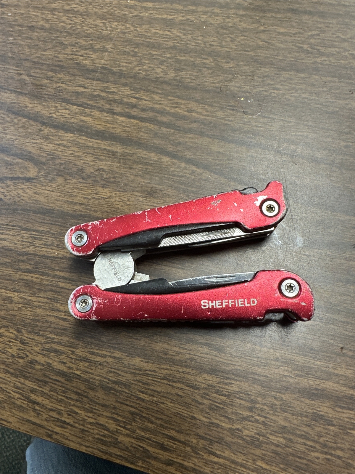 Sheffield Mini Multi Tool 9 in 1 Red Handle Knife Pliers Saw Screwdriver