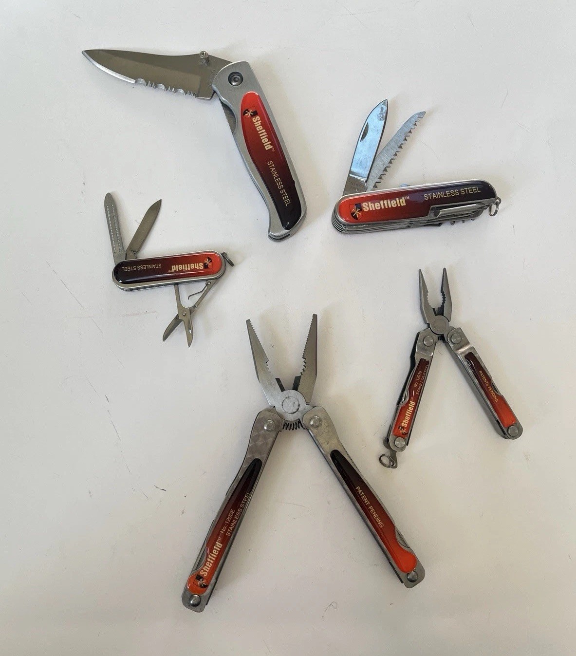 Sheffield Knife & Multi Tool Lot Of 5 With Pouch ~ Red Handle
