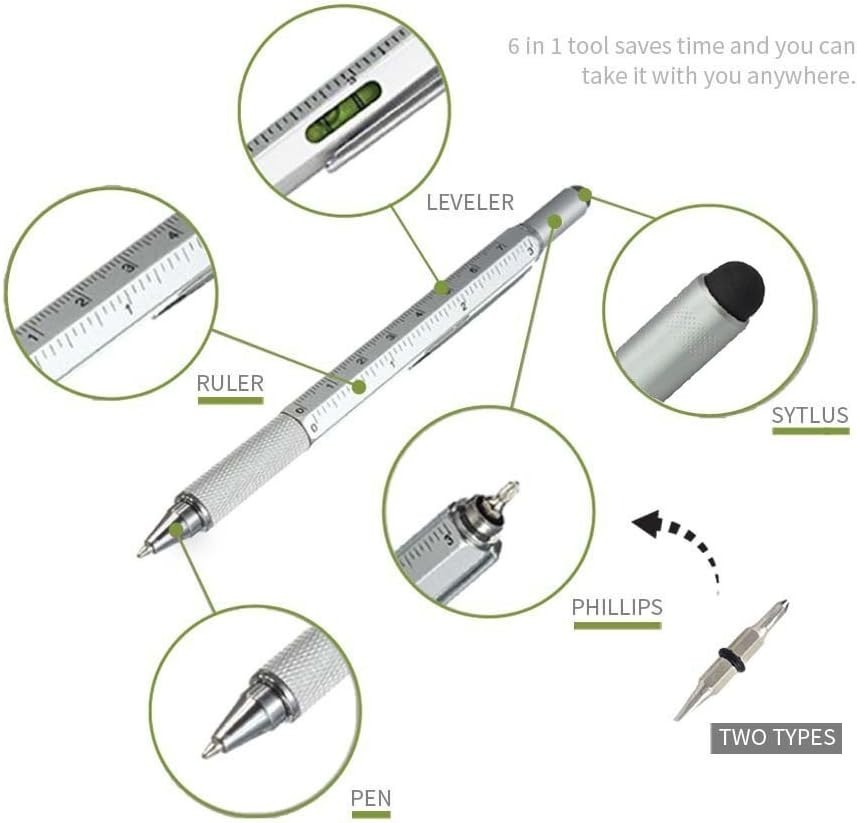 6-in-1 Metal Tech Tool Pen Multi-Function Ruler Level Screwdriver Gift for Men