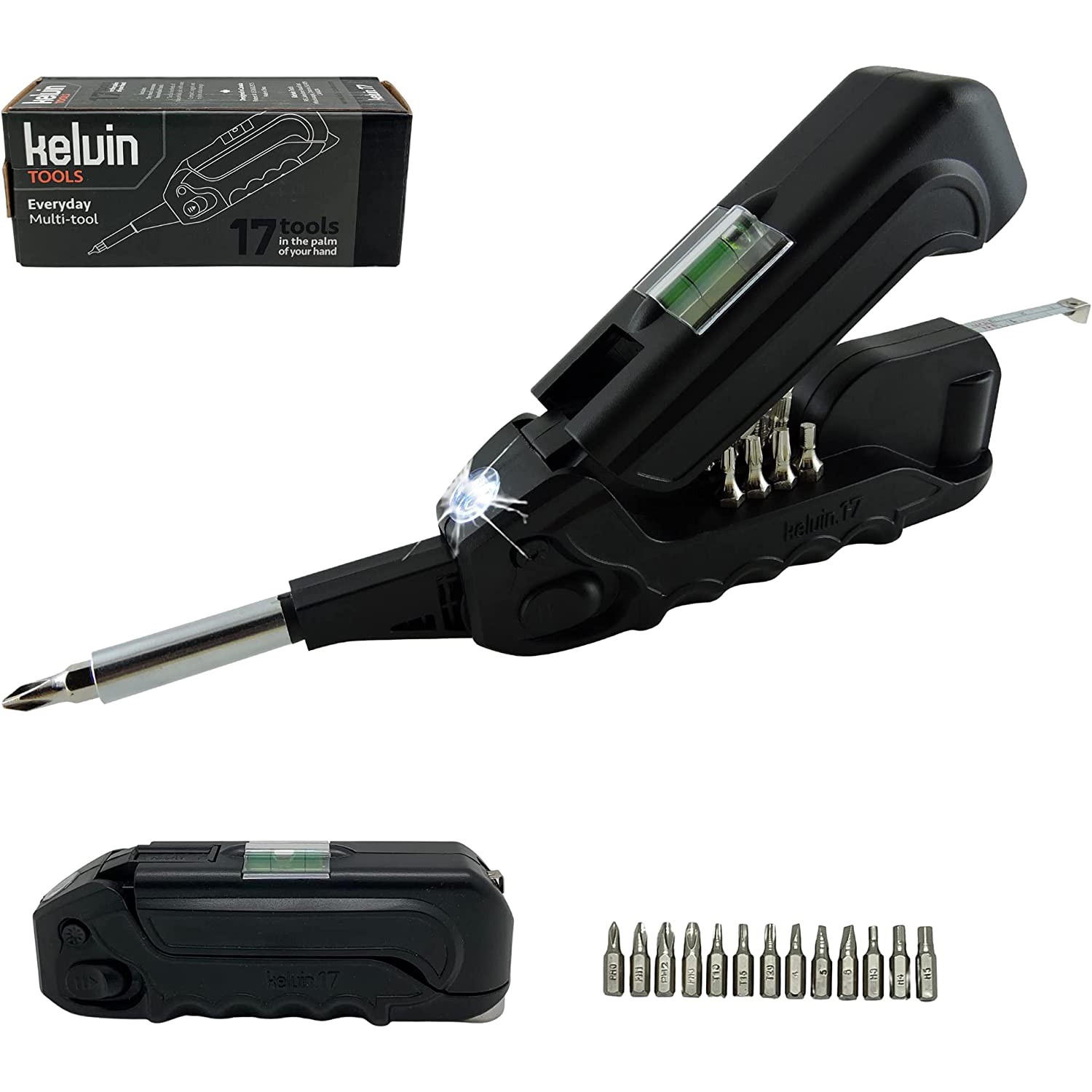 Kelvin Tools Kelvin 17 – The Everyday Multi-Tool with Flashlight (Black)