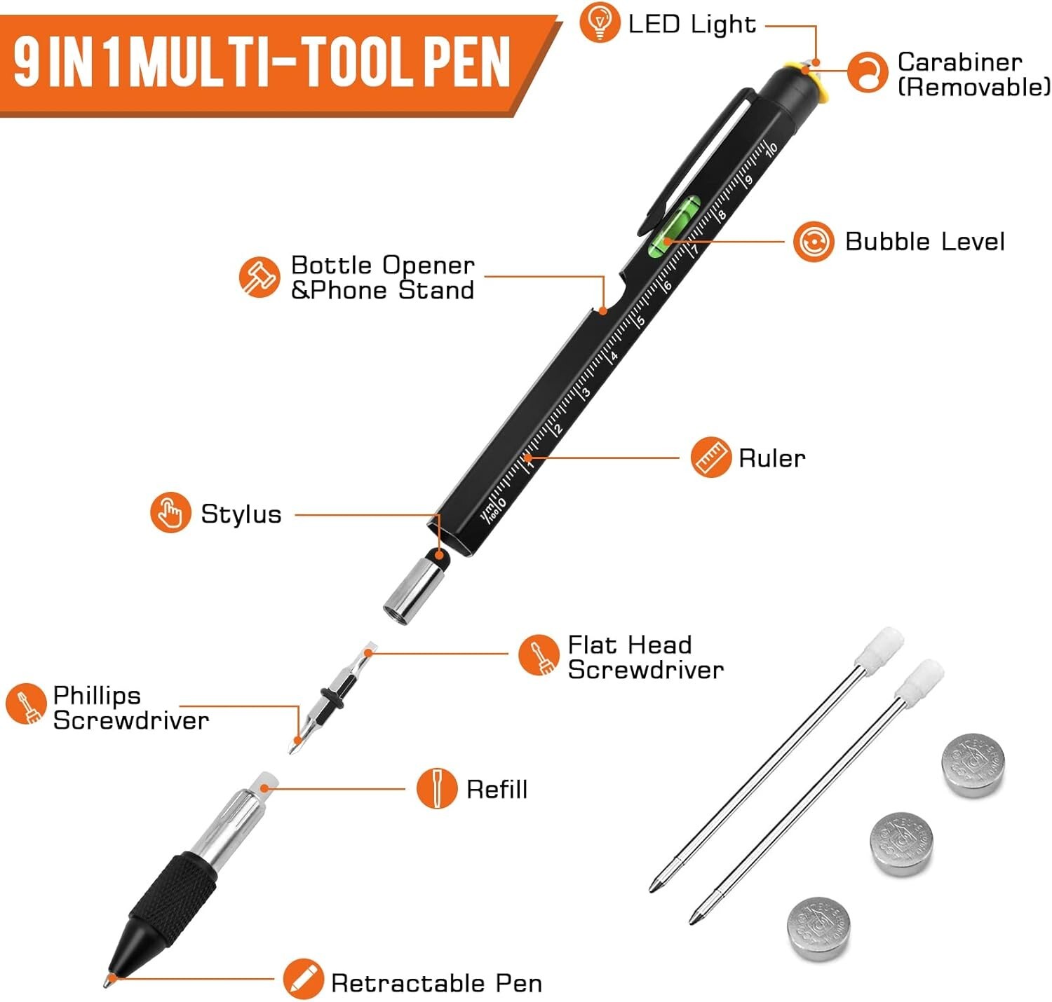 9 in 1 Multitool Pen,LED flashlight, Screwdriver, Bottle opener, Stylus,Pen etc.