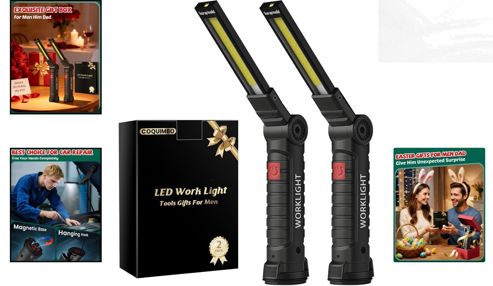 Rechargeable LED Work Light 2-Pack with Magnetic Base – Perfect Gifts for Men!