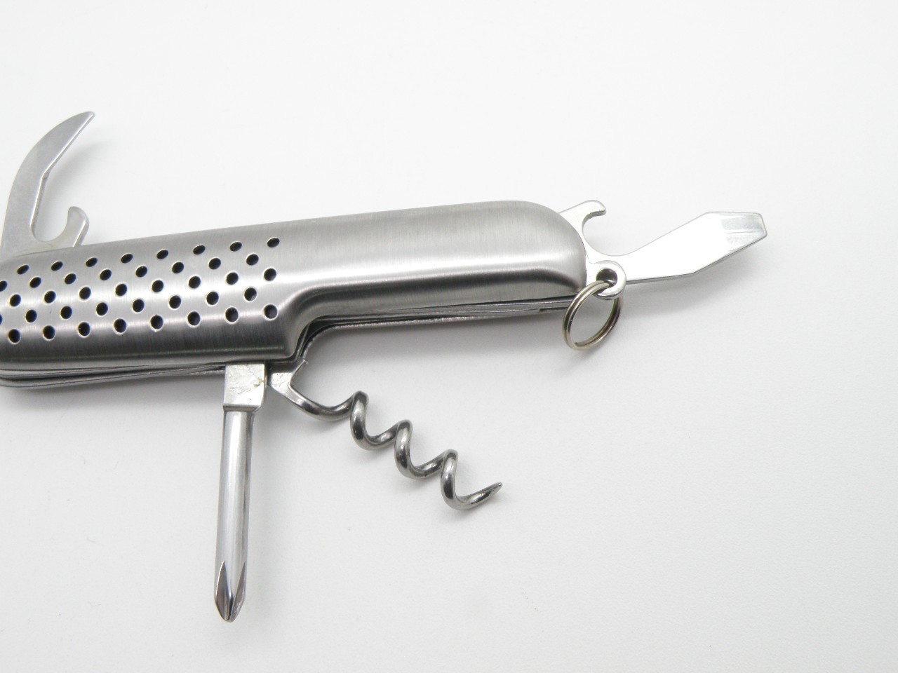 Vintage Silver Tone Multi-Tool Pocket Knife Stainless Steel Perforated Handle