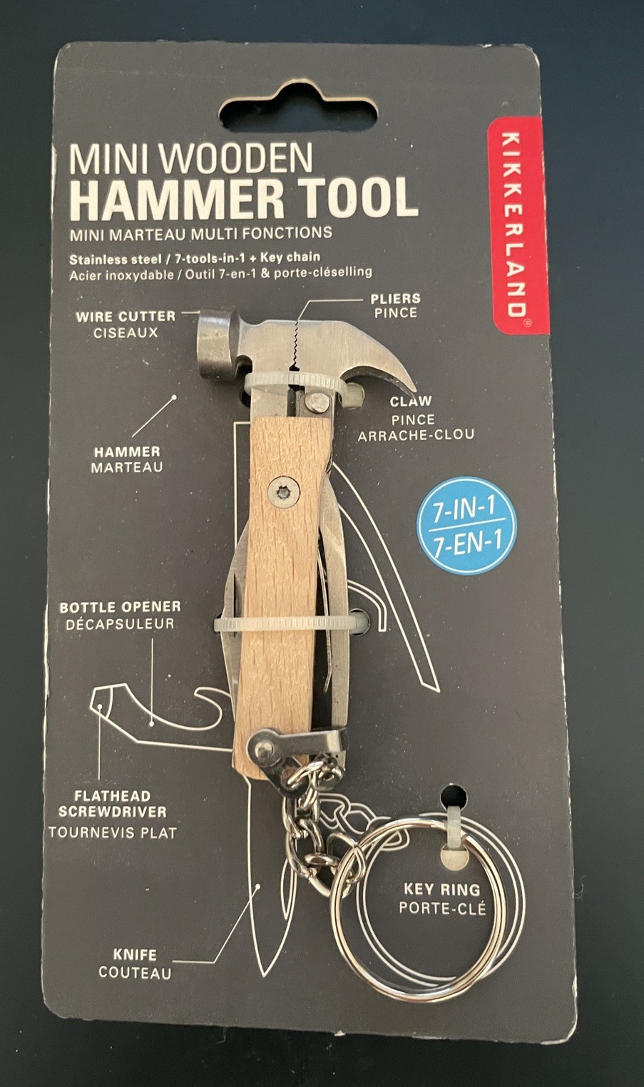 Kikkerland Wood Mini Hammer Tool 7-in-1 Multi Tool Mini Hammer KR13-W Utility