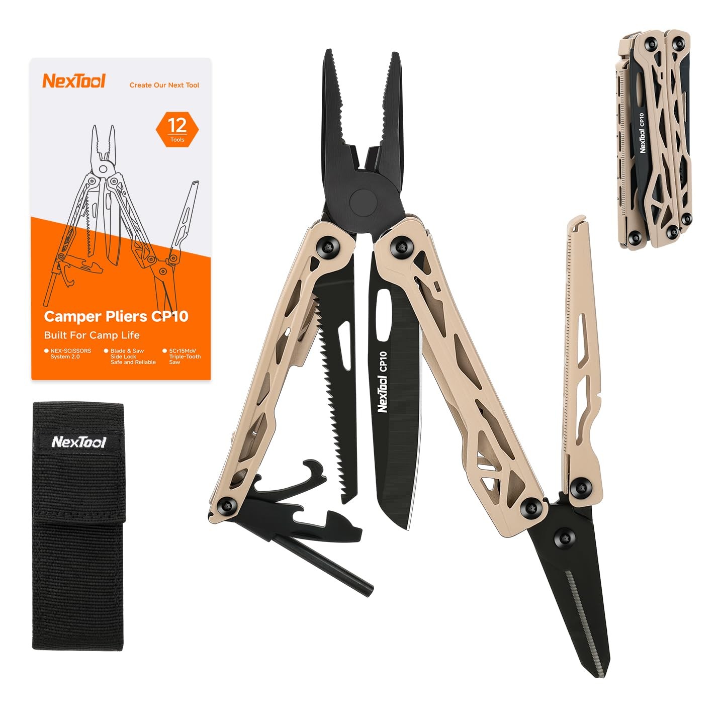 Camper CP10 Multitool，12-in-1 Multi tool with Scissors, Fire Starter, Tent St…