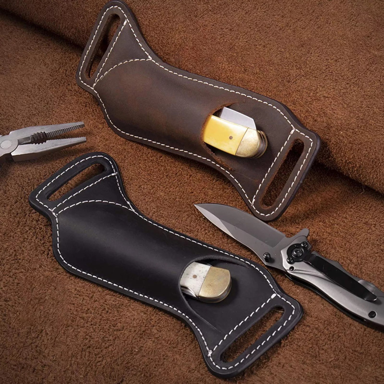 PU leather sheath, foldable, for tools, knife holder, bag with belt loop