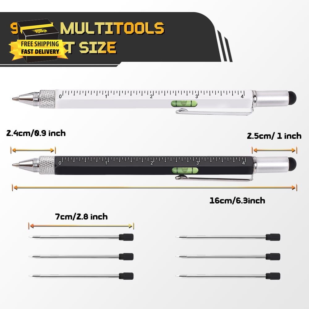Stocking Stuffers for Men, 9 in 1 Metal Multitool Pen 2Pcs and Refill 6Pcs, Uniq